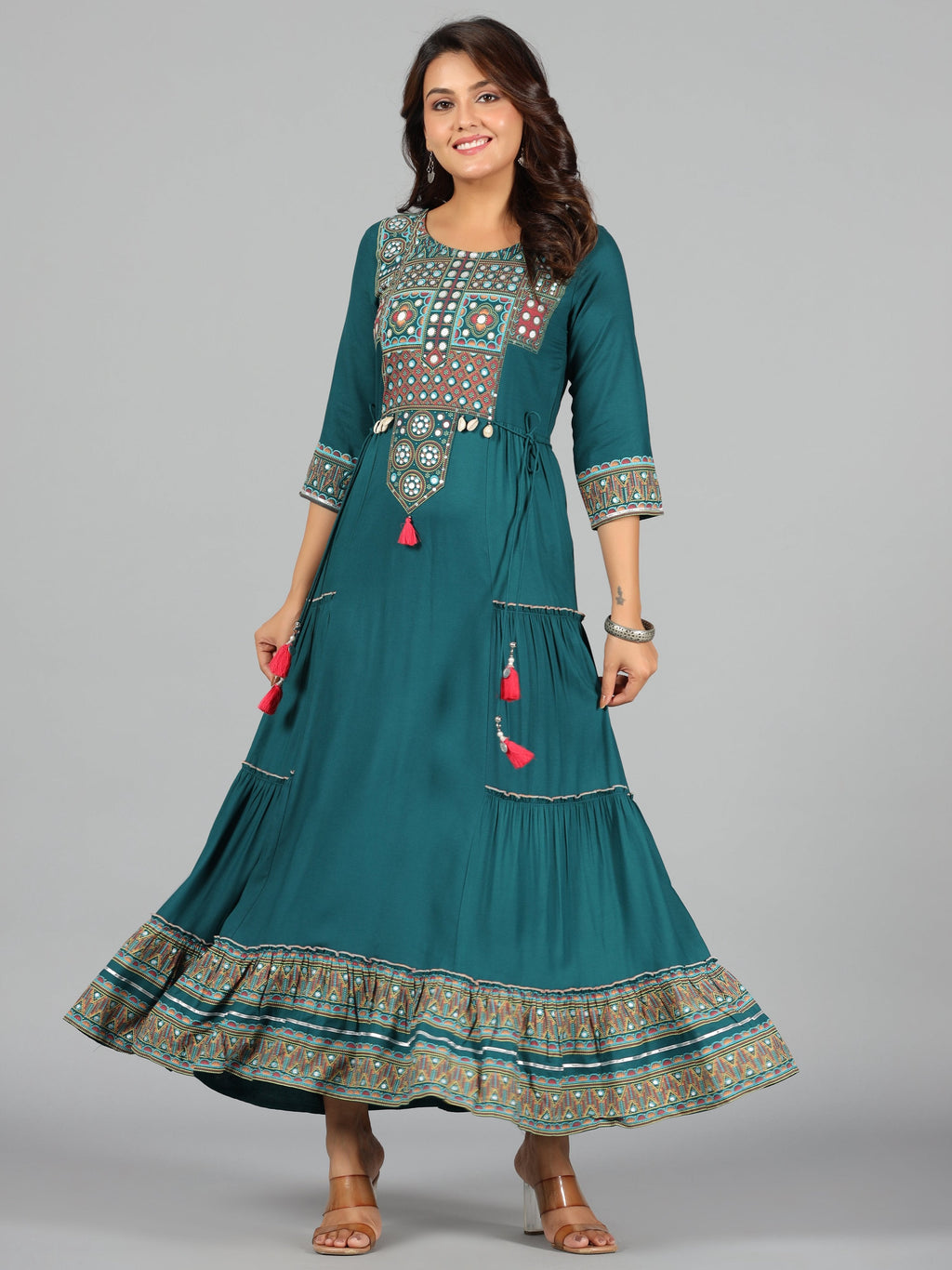 Juniper Women's Teal Rayon Staple Printed Tiered Maxi Dress - Distacart