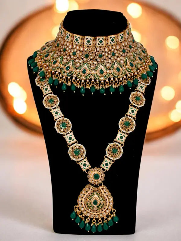 Tehzeeb Creations Traditional Designer Kundan Stone Green Meenakari Choker Bridal Set