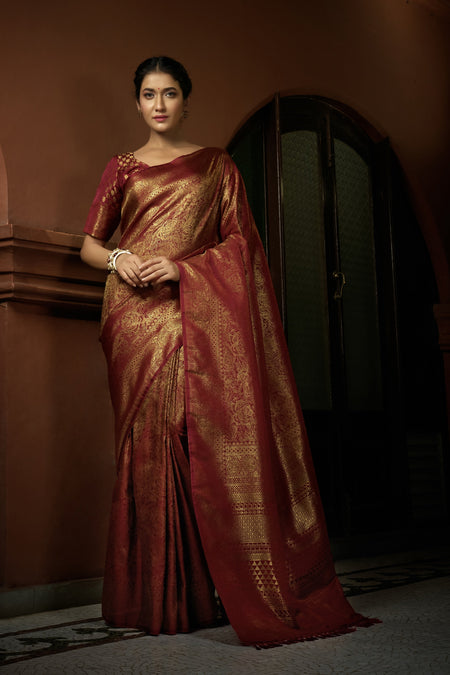 Vardha Venetian Red Golden Zari Kanjeevaram Silk Saree