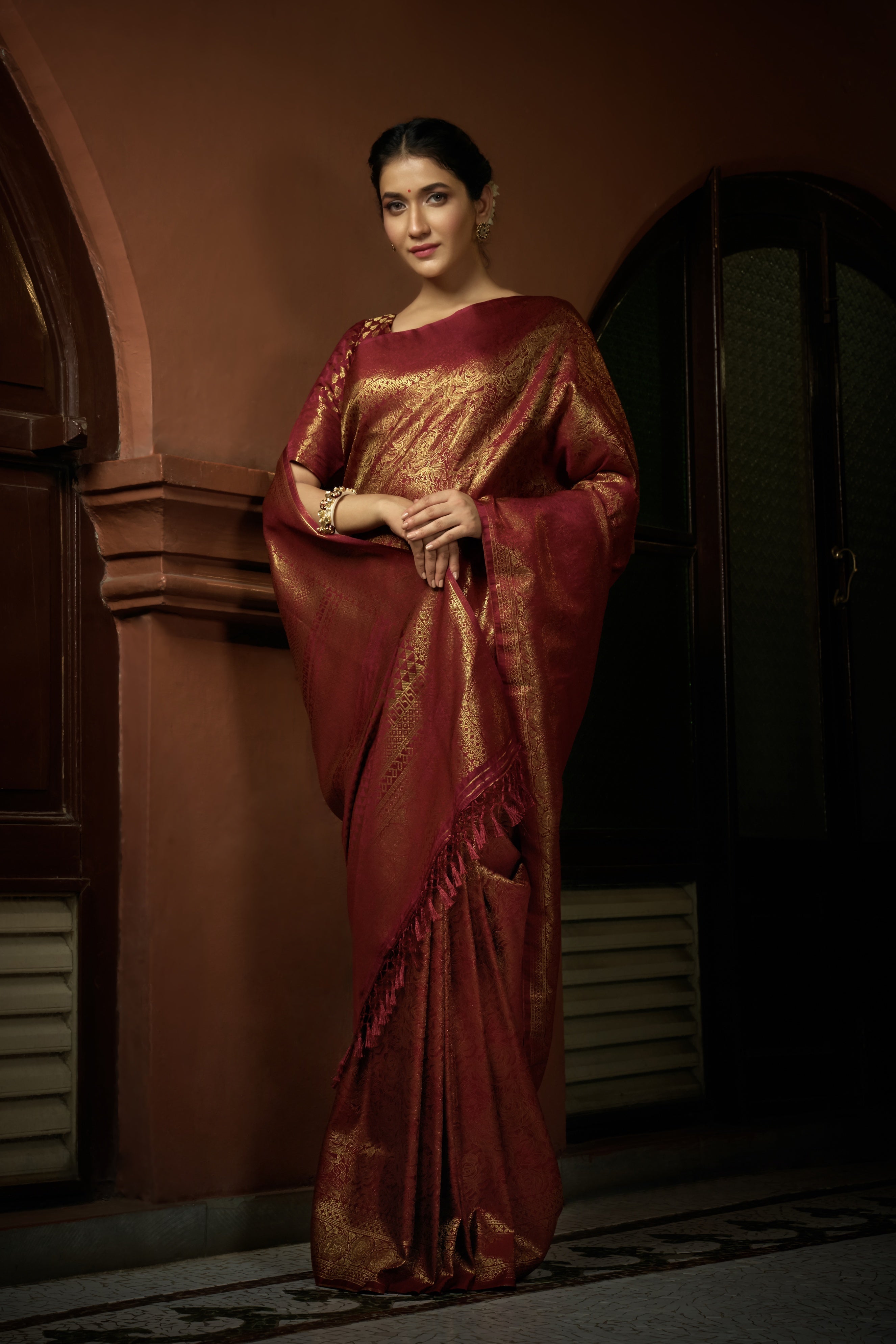 Vardha Venetian Red Golden Zari Kanjeevaram Silk Saree