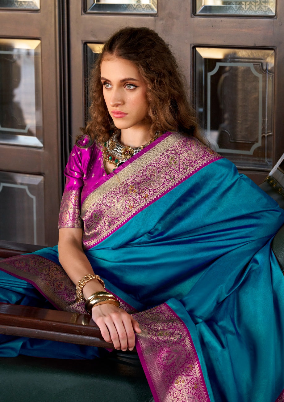 Anaita Teal Soft Banarasi Silk Zari Weaving Saree With Blouse Piece - Distacart