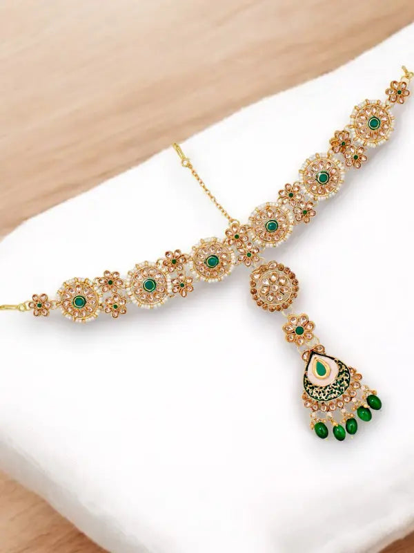 Tehzeeb Creations Traditional Designer Kundan Stone Green Meenakari Choker Bridal Set