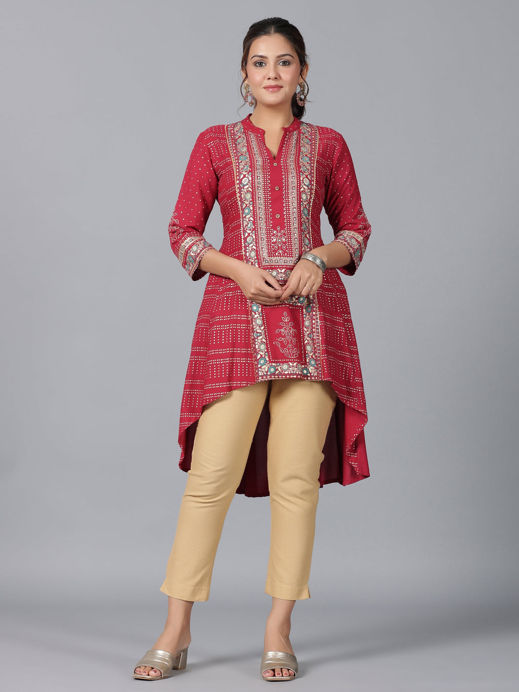 Juniper Women Maroon Rayon Foil Printed High-Low Tunic