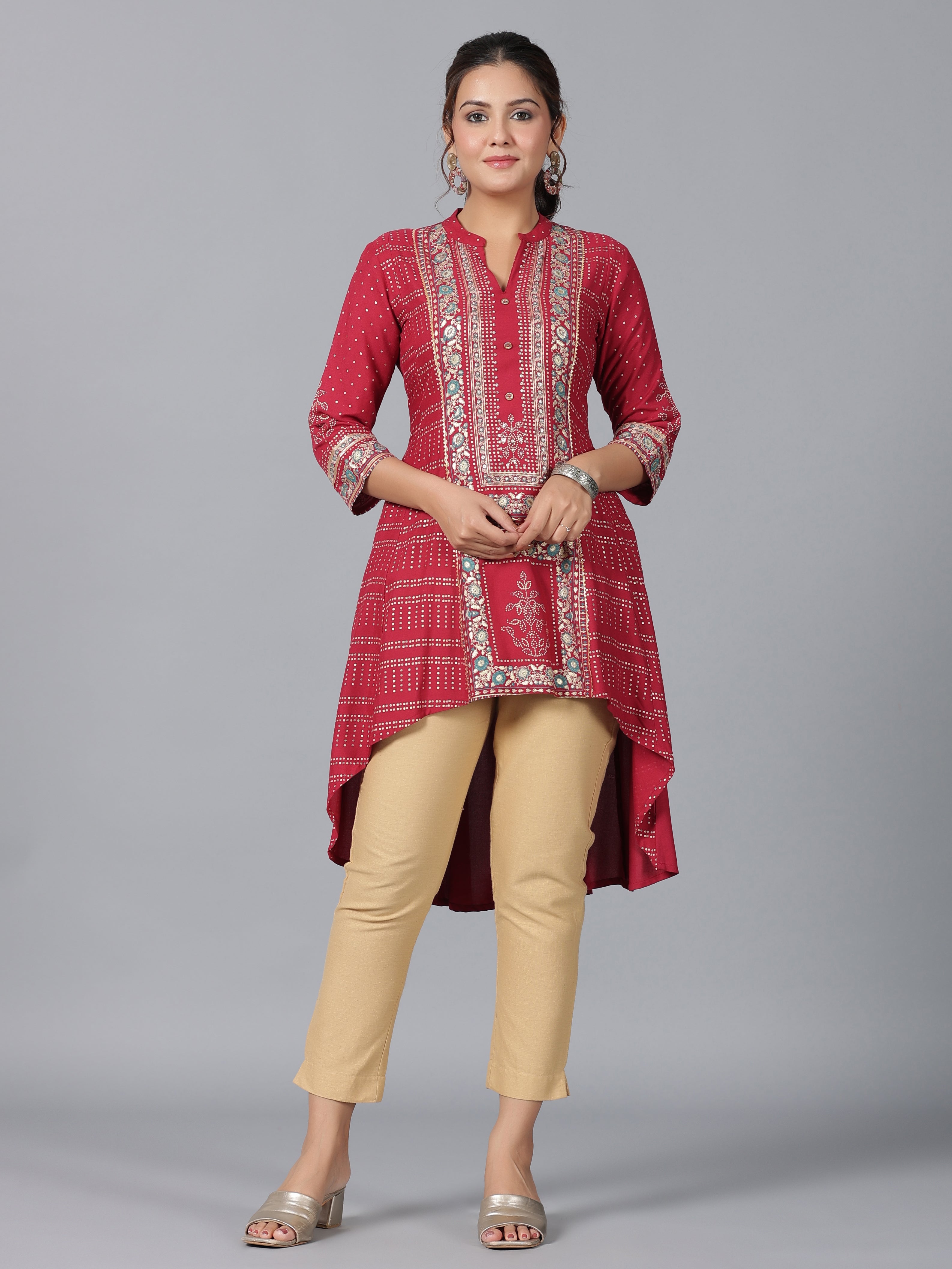 Juniper Women Maroon Rayon Foil Printed High-Low Tunic