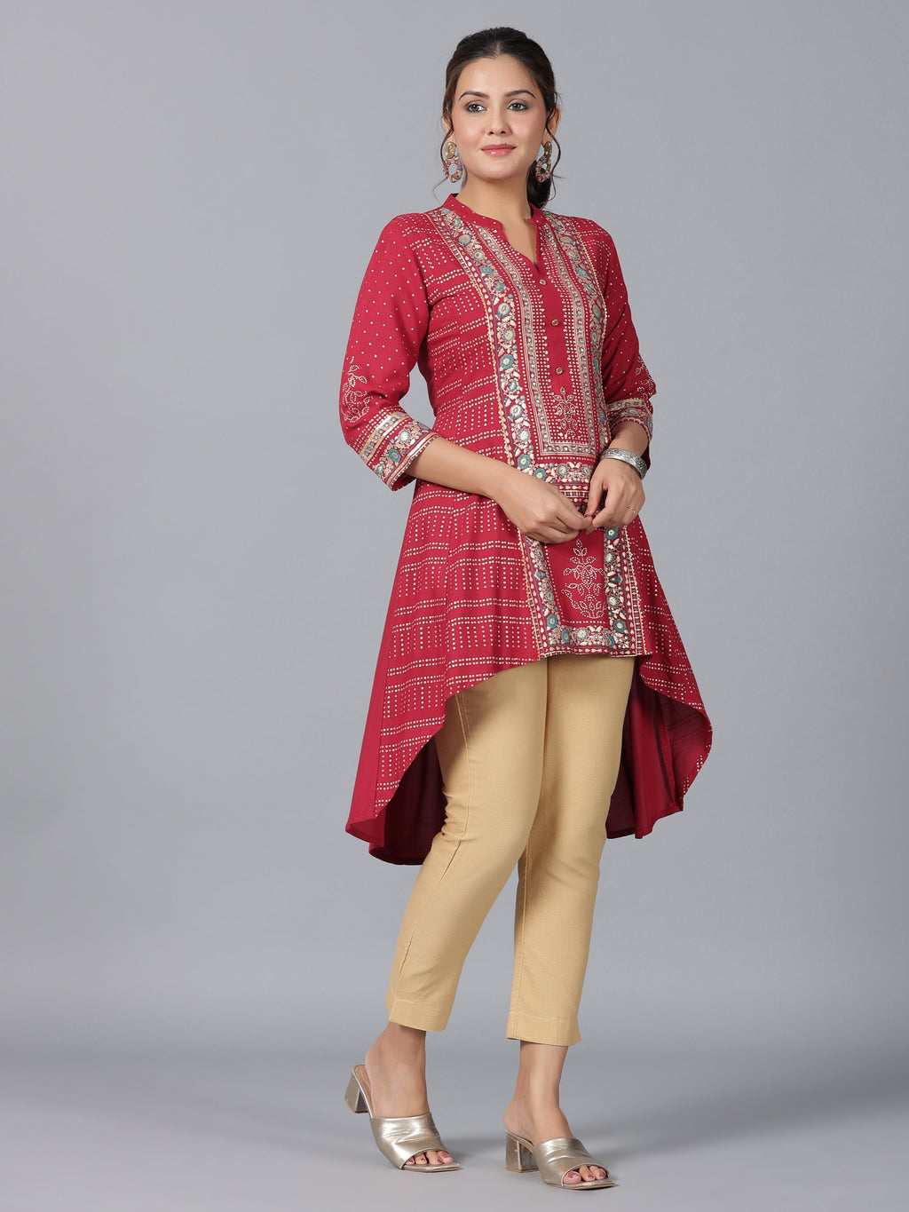 Juniper Women Maroon Rayon Foil Printed High-Low Tunic