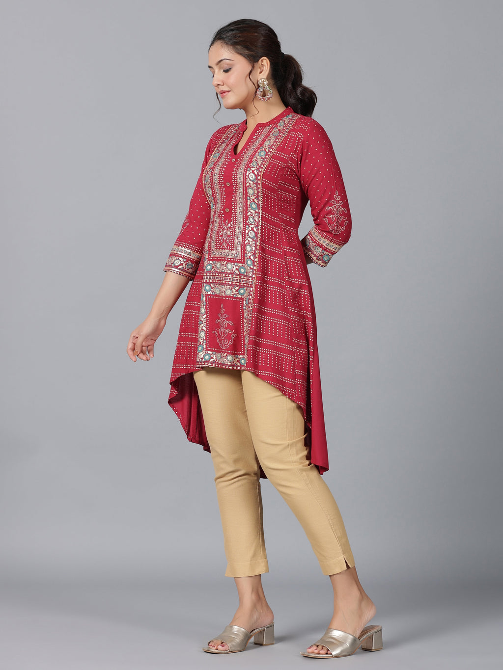 Juniper Women Maroon Rayon Foil Printed High-Low Tunic