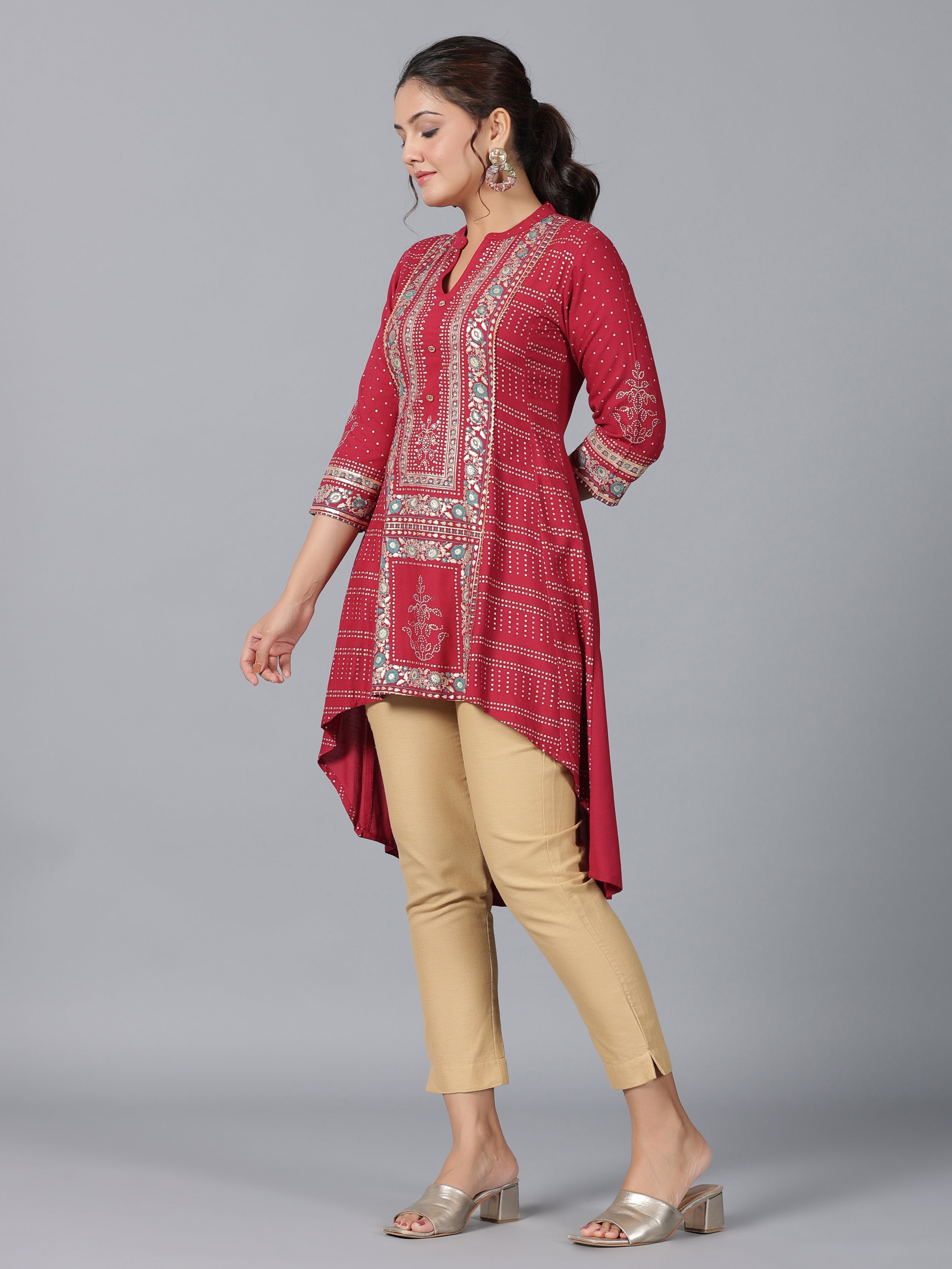 Juniper Women Maroon Rayon Foil Printed High-Low Tunic