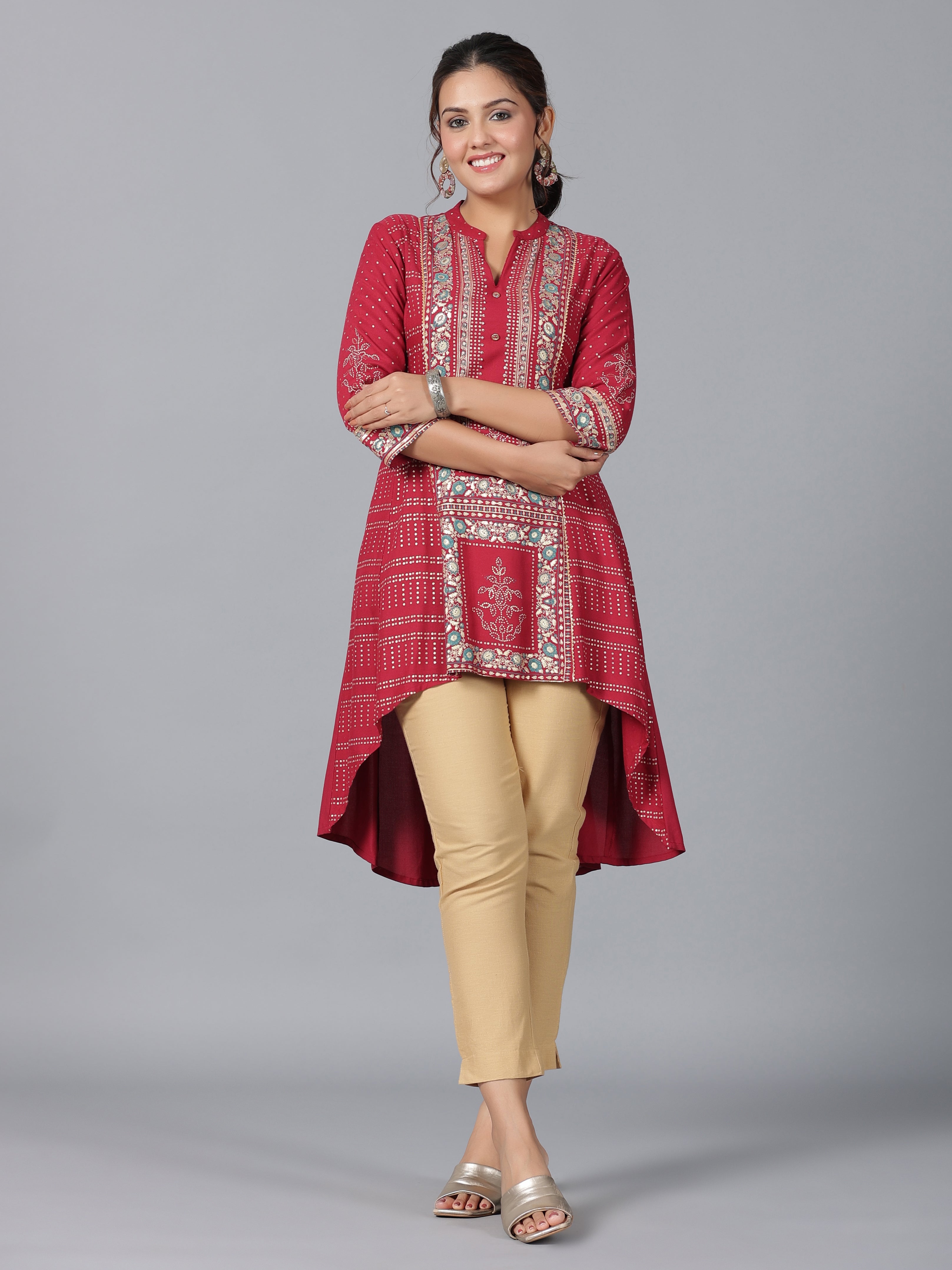 Juniper Women Maroon Rayon Foil Printed High-Low Tunic