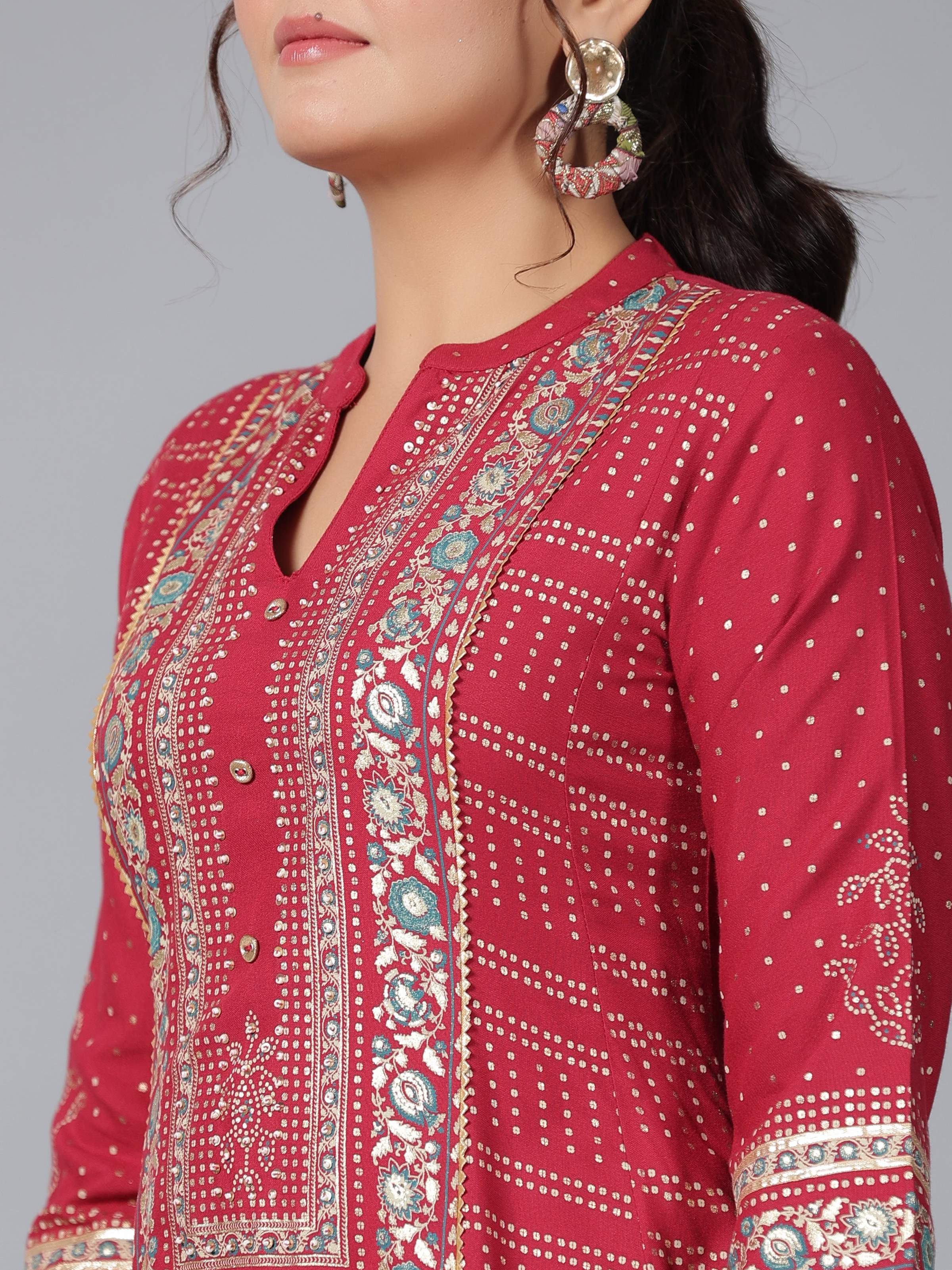 Juniper Women Maroon Rayon Foil Printed High-Low Tunic