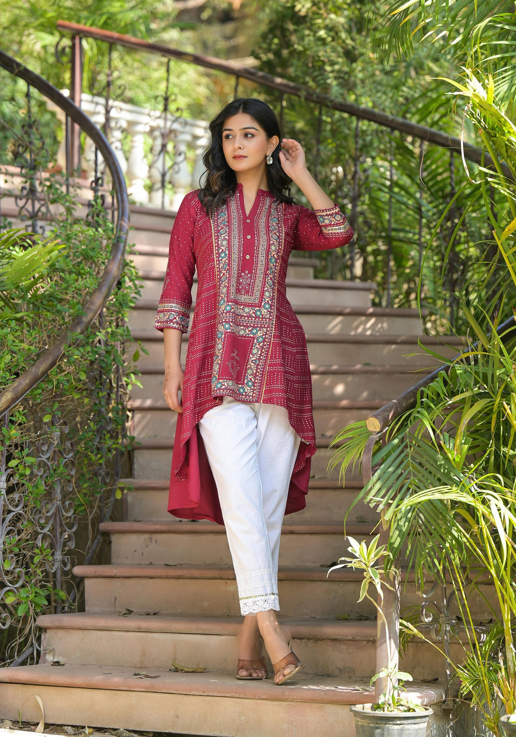 Juniper Maroon Bandhani Printed Liva Rayon Tunic With Sequins & Thread Work - Distacart