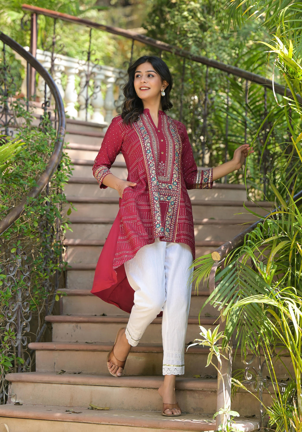 Juniper Maroon Bandhani Printed Liva Rayon Tunic With Sequins & Thread Work - Distacart
