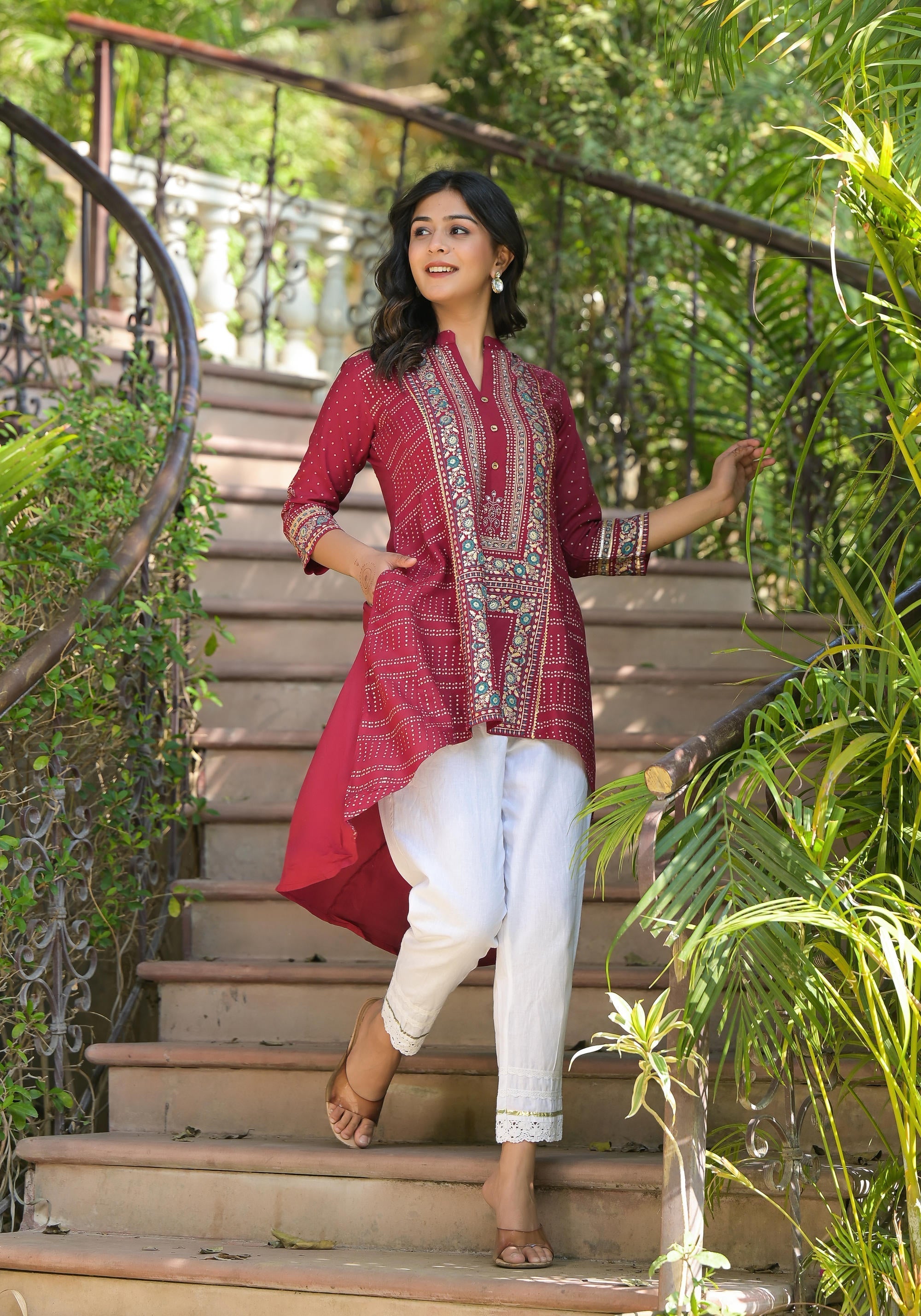 Juniper Maroon Bandhani Printed Liva Rayon Tunic With Sequins & Thread Work - Distacart