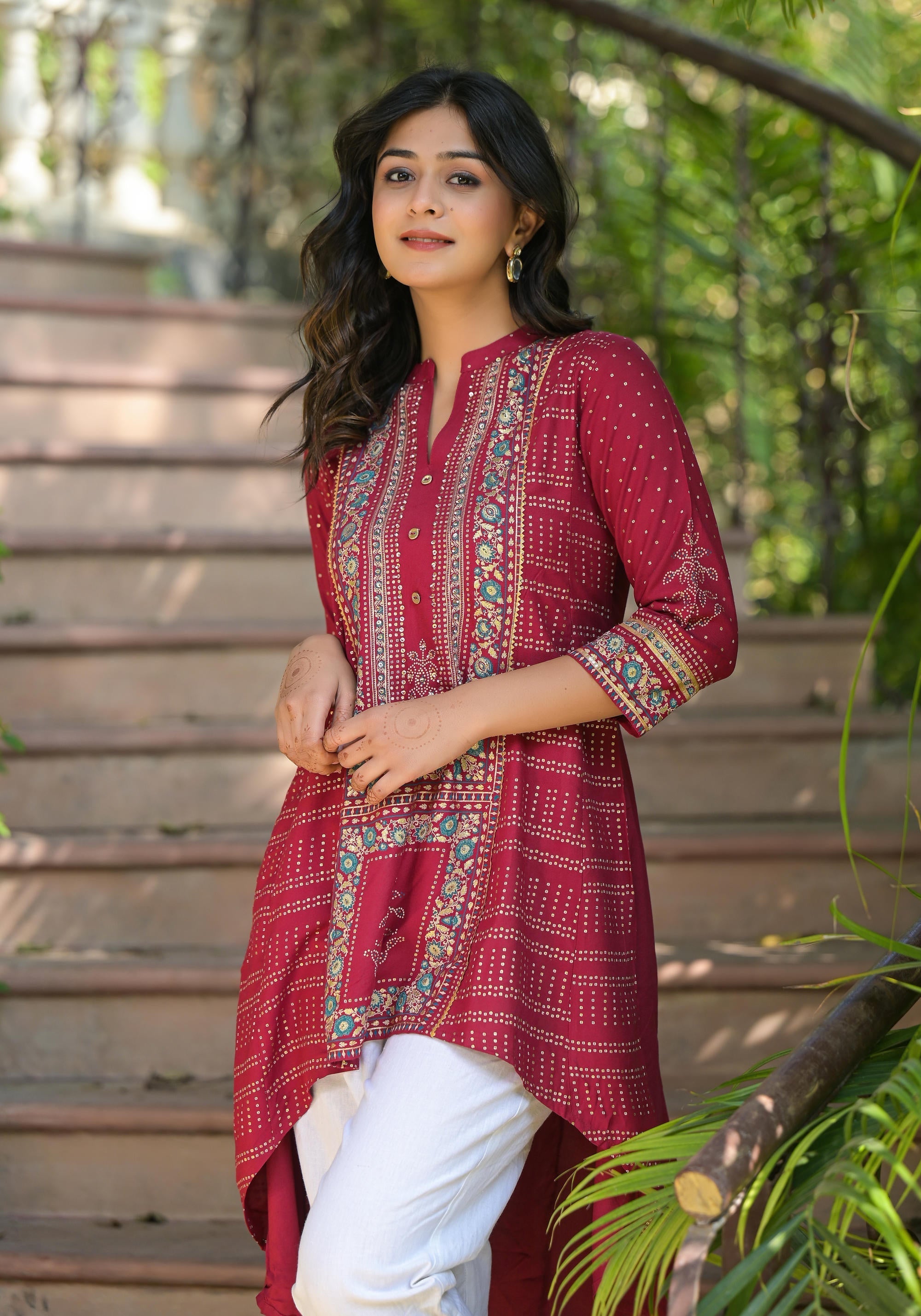 Juniper Maroon Bandhani Printed Liva Rayon Tunic With Sequins & Thread Work - Distacart