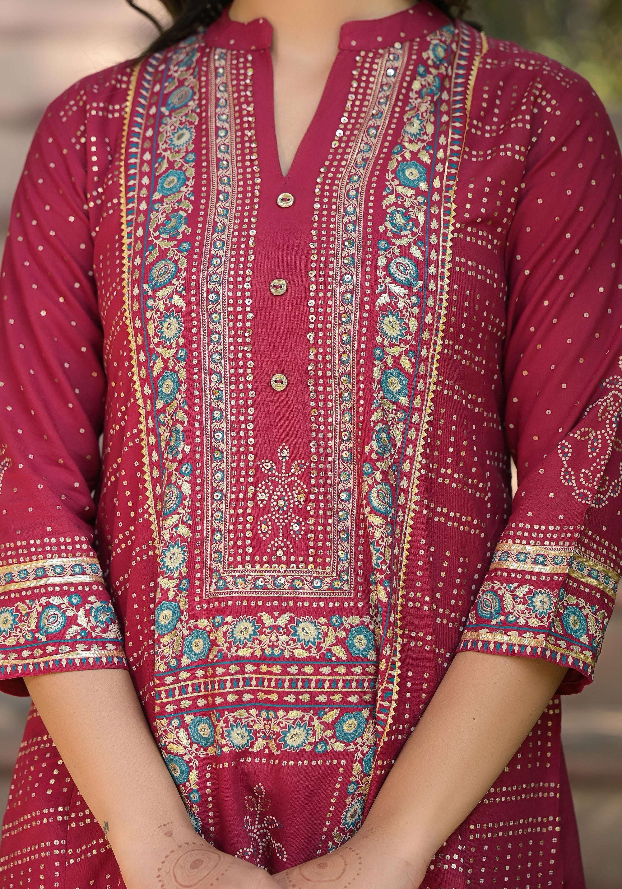 Juniper Maroon Bandhani Printed Liva Rayon Tunic With Sequins & Thread Work - Distacart