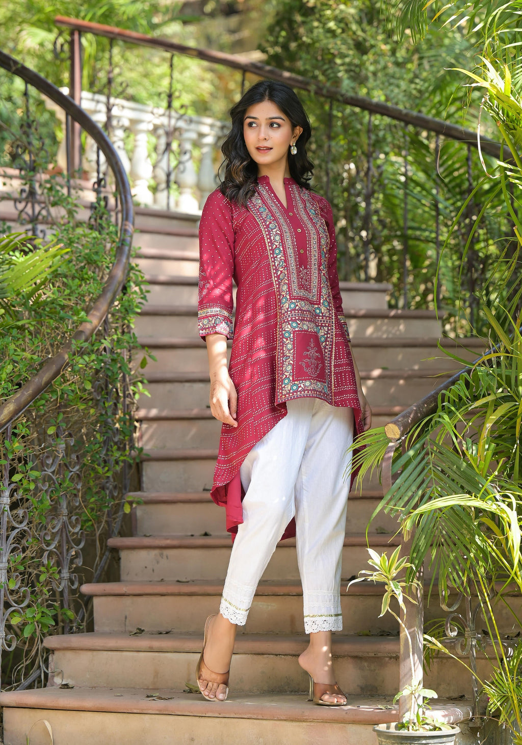 Juniper Maroon Bandhani Printed Liva Rayon Tunic With Sequins & Thread Work - Distacart