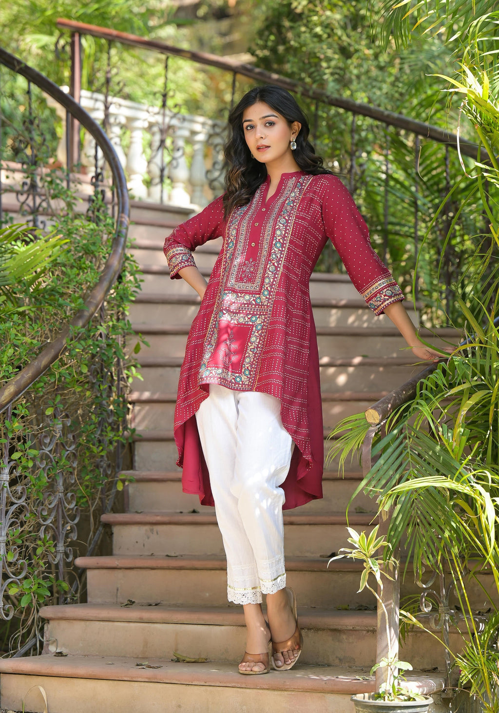 Juniper Maroon Bandhani Printed Liva Rayon Tunic With Sequins & Thread Work - Distacart