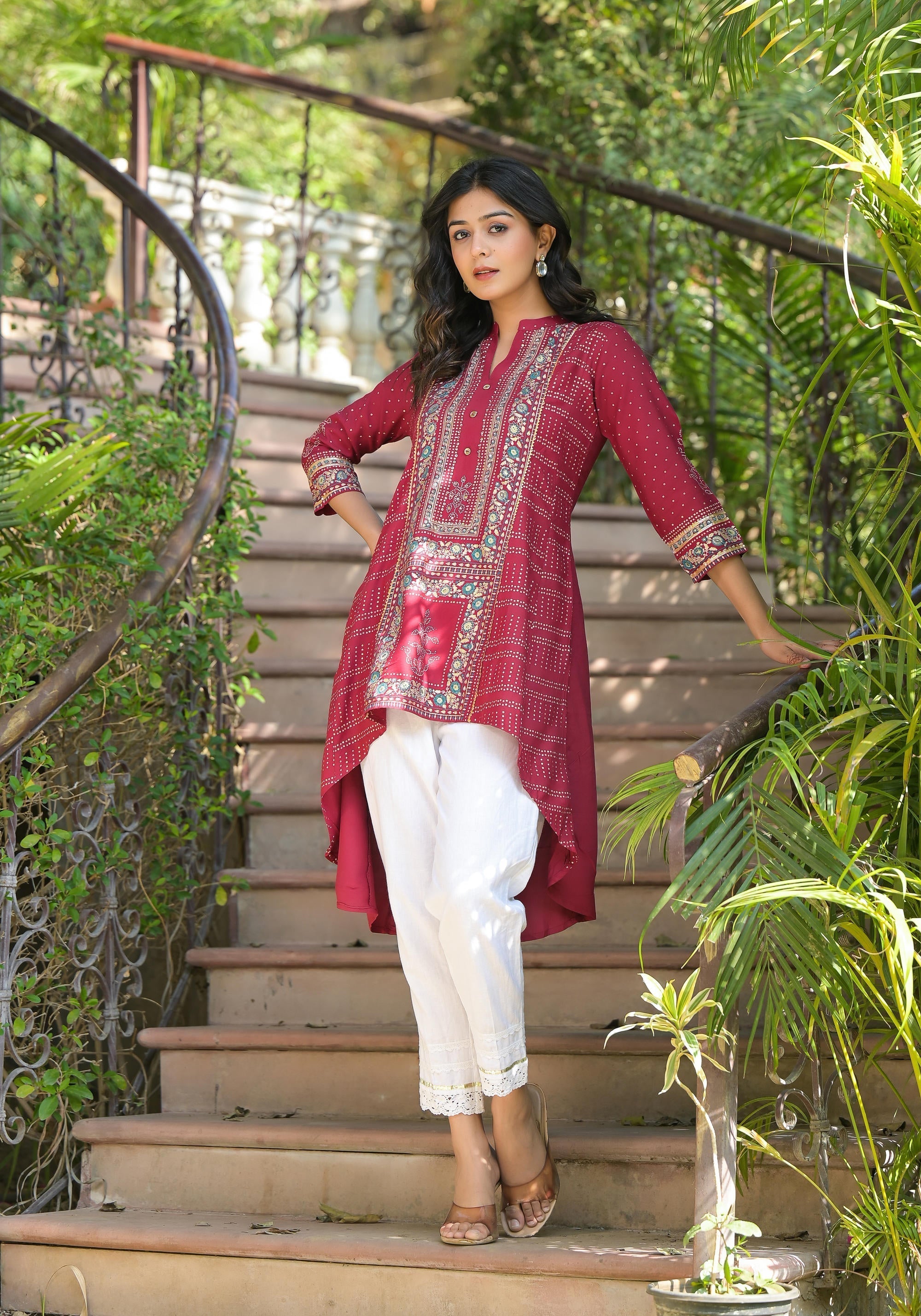 Juniper Maroon Bandhani Printed Liva Rayon Tunic With Sequins & Thread Work - Distacart