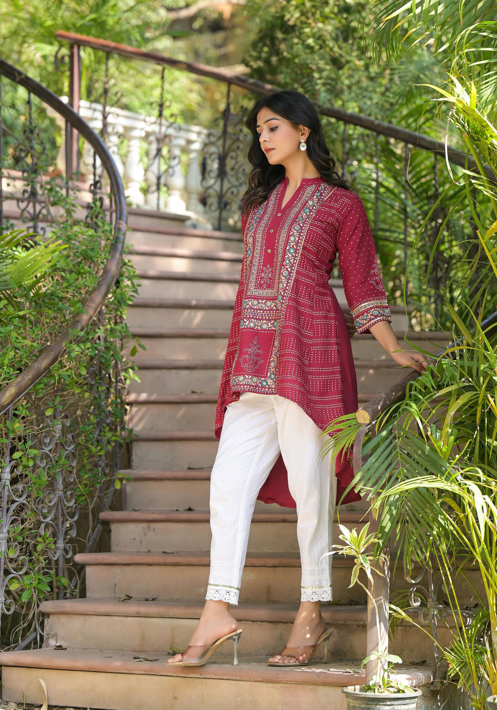 Juniper Maroon Bandhani Printed Liva Rayon Tunic With Sequins & Thread Work - Distacart
