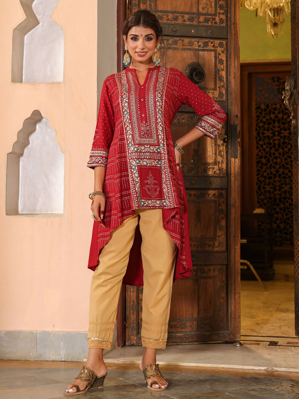 Juniper Women Maroon Liva Rayon Foil Printed High-Low Tunic - Distacart