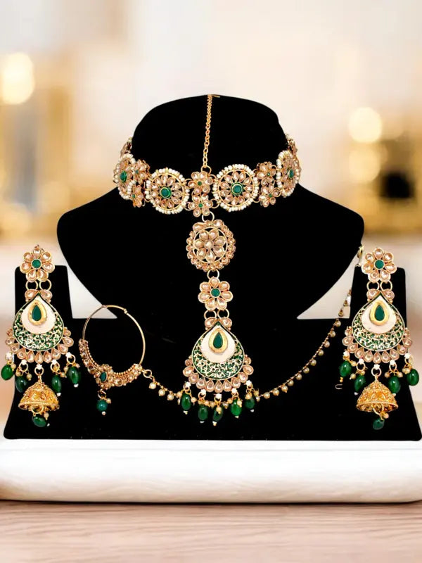 Tehzeeb Creations Traditional Designer Kundan Stone Green Meenakari Choker Bridal Set