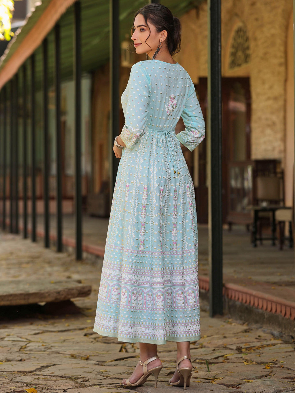 Juniper Women Sky Blue Rayon Staple Printed Maxi Dress - Distacart
