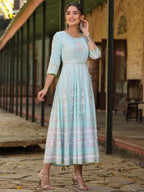 Juniper Women Sky Blue Rayon Staple Printed Maxi Dress - Distacart