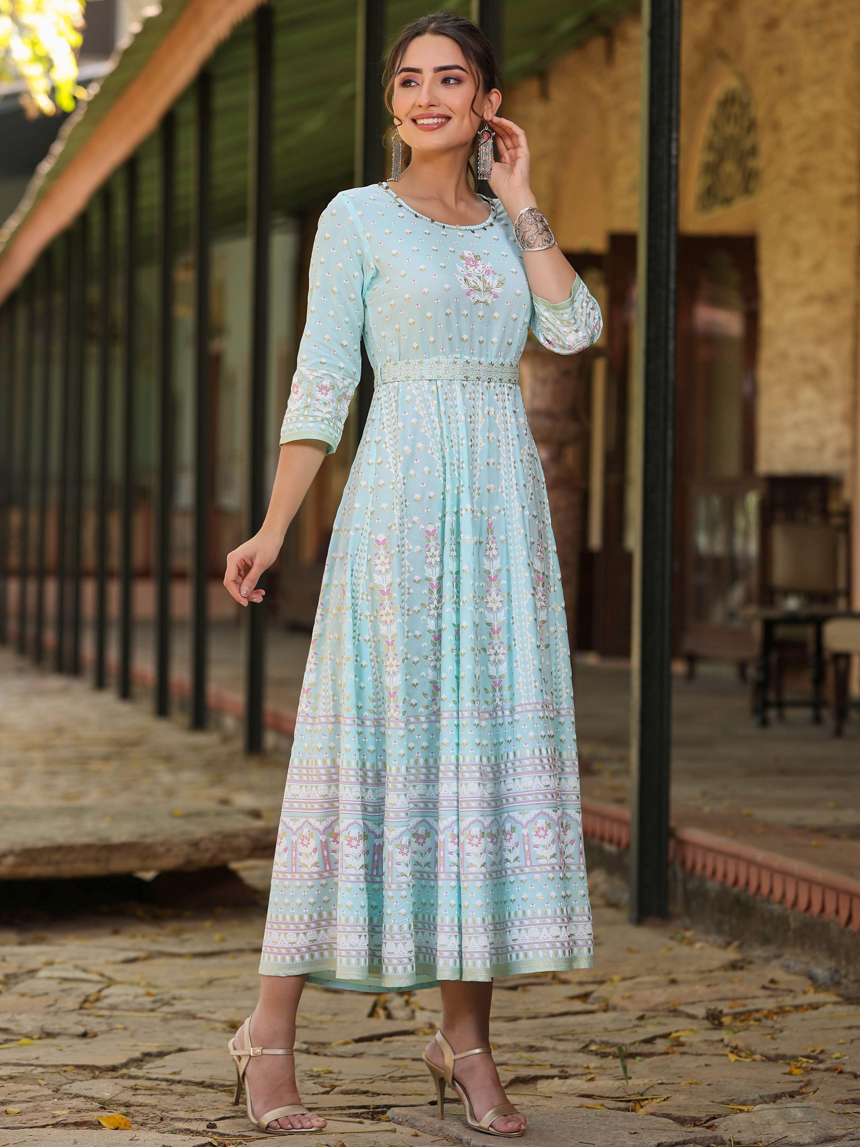 Juniper Women Sky Blue Rayon Staple Printed Maxi Dress - Distacart