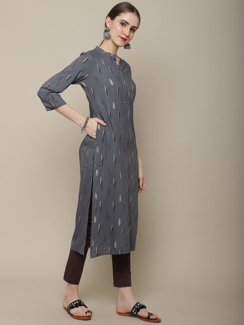 Sangria Women Charcoal & Beige Printed Kurta
