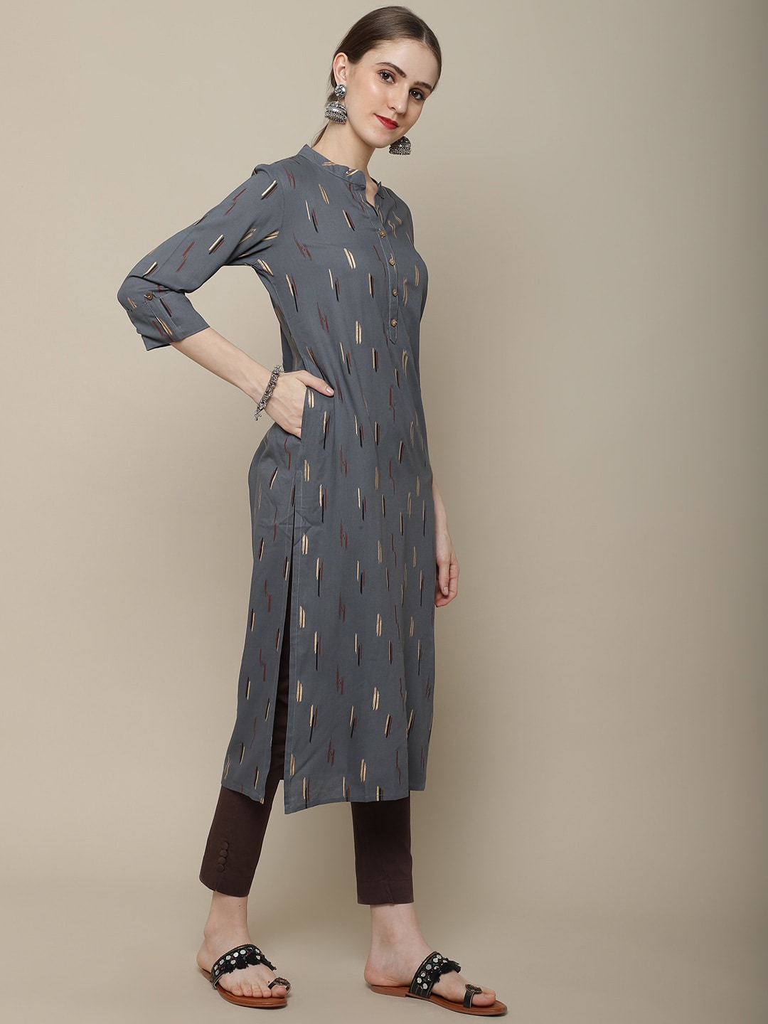 Sangria Women Charcoal & Beige Printed Kurta