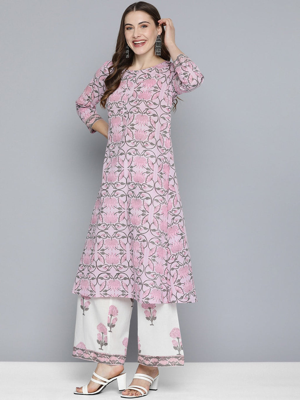 HERE&NOW Women Floral Printed Regular Pure Cotton Kurta with Palazzos & With Dupatta