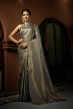 Vardha Platinum Grey Golden Zari Kanjeevaram Silk Saree