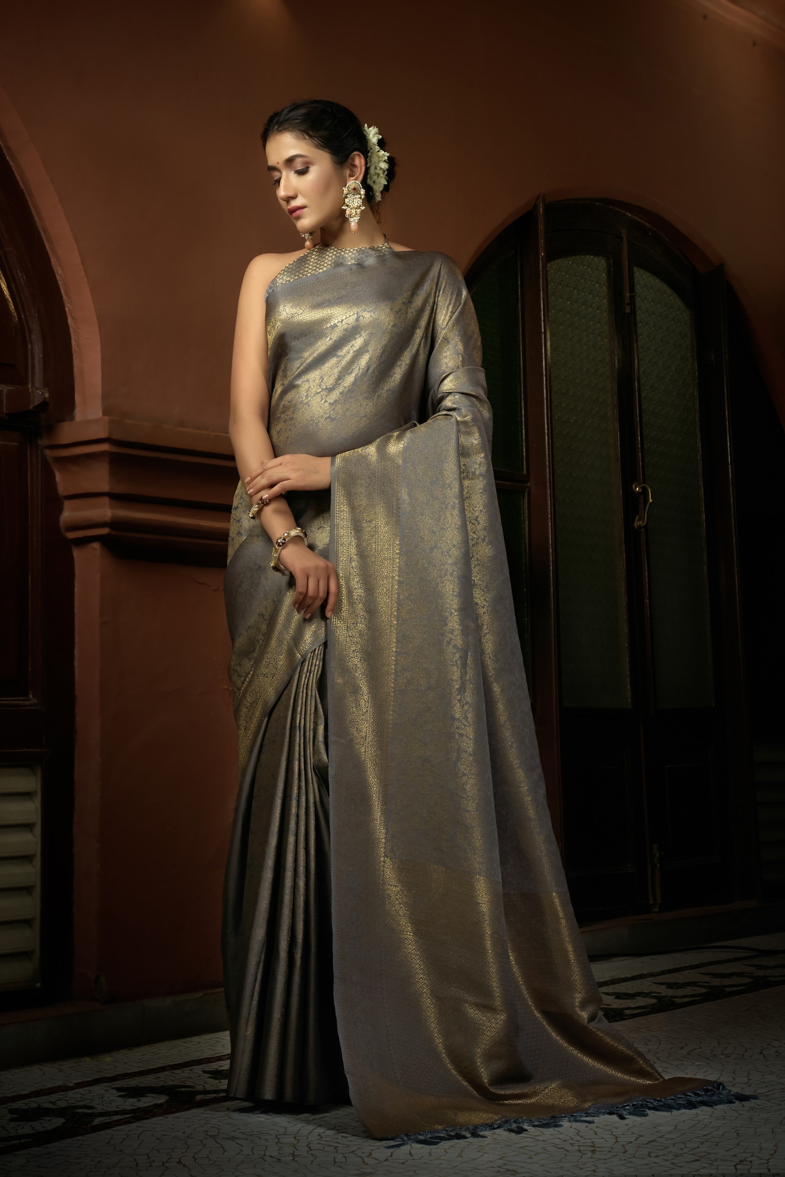 Vardha Platinum Grey Golden Zari Kanjeevaram Silk Saree