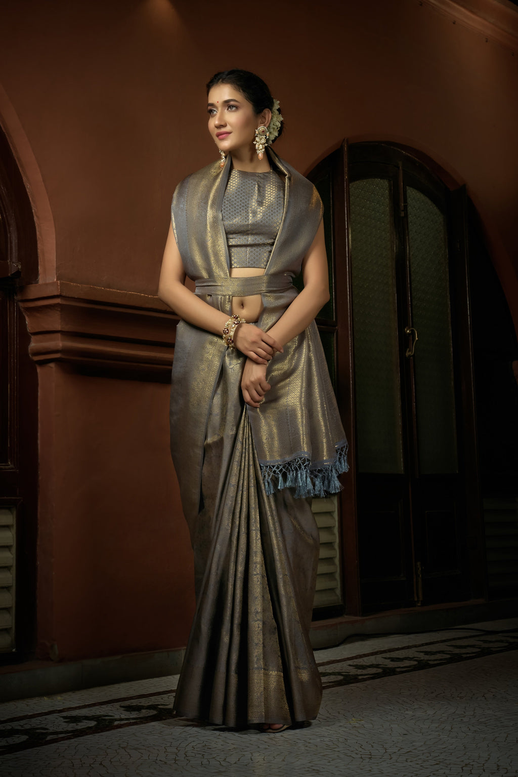 Vardha Platinum Grey Golden Zari Kanjeevaram Silk Saree