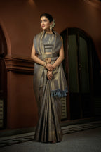 Vardha Platinum Grey Golden Zari Kanjeevaram Silk Saree