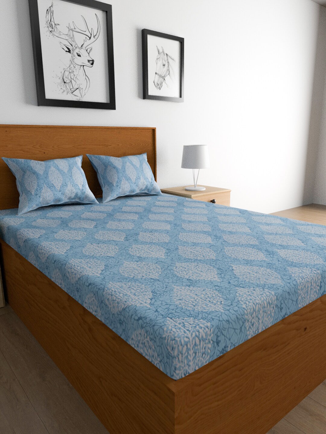 Urban Magic Blue Ethnic Motifs Printed Cotton 104 TC Queen Bedsheet With 2 Pillow Covers