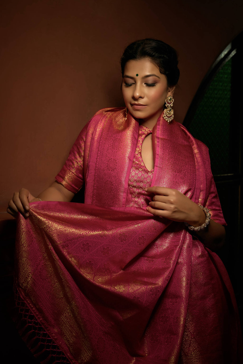 Vardha Deep Pink Golden Zari Kanjeevaram Silk Saree