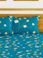 BIANCA Blue & Green Floral Printed 152 TC Cotton 110 GSM Micro-Peached King Bedsheet With 2 Pillow Cover