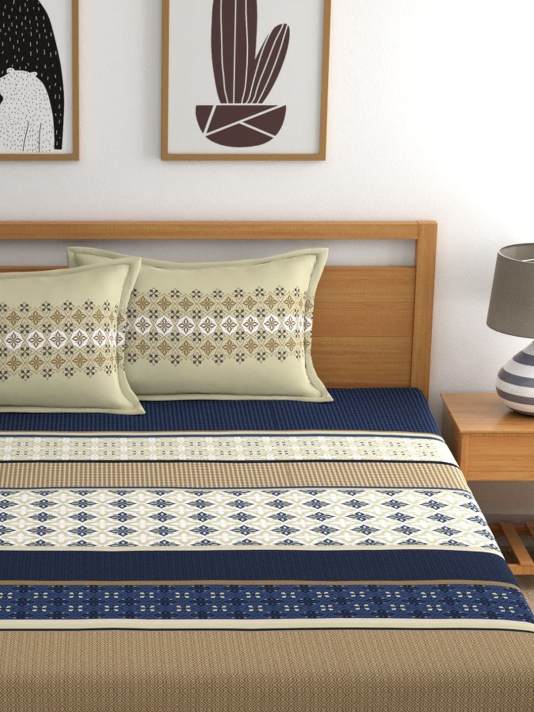 Home Ecstasy Blue & Beige Ethnic Motifs 140 TC King Bedsheet with 2 Pillow Covers - Distacart