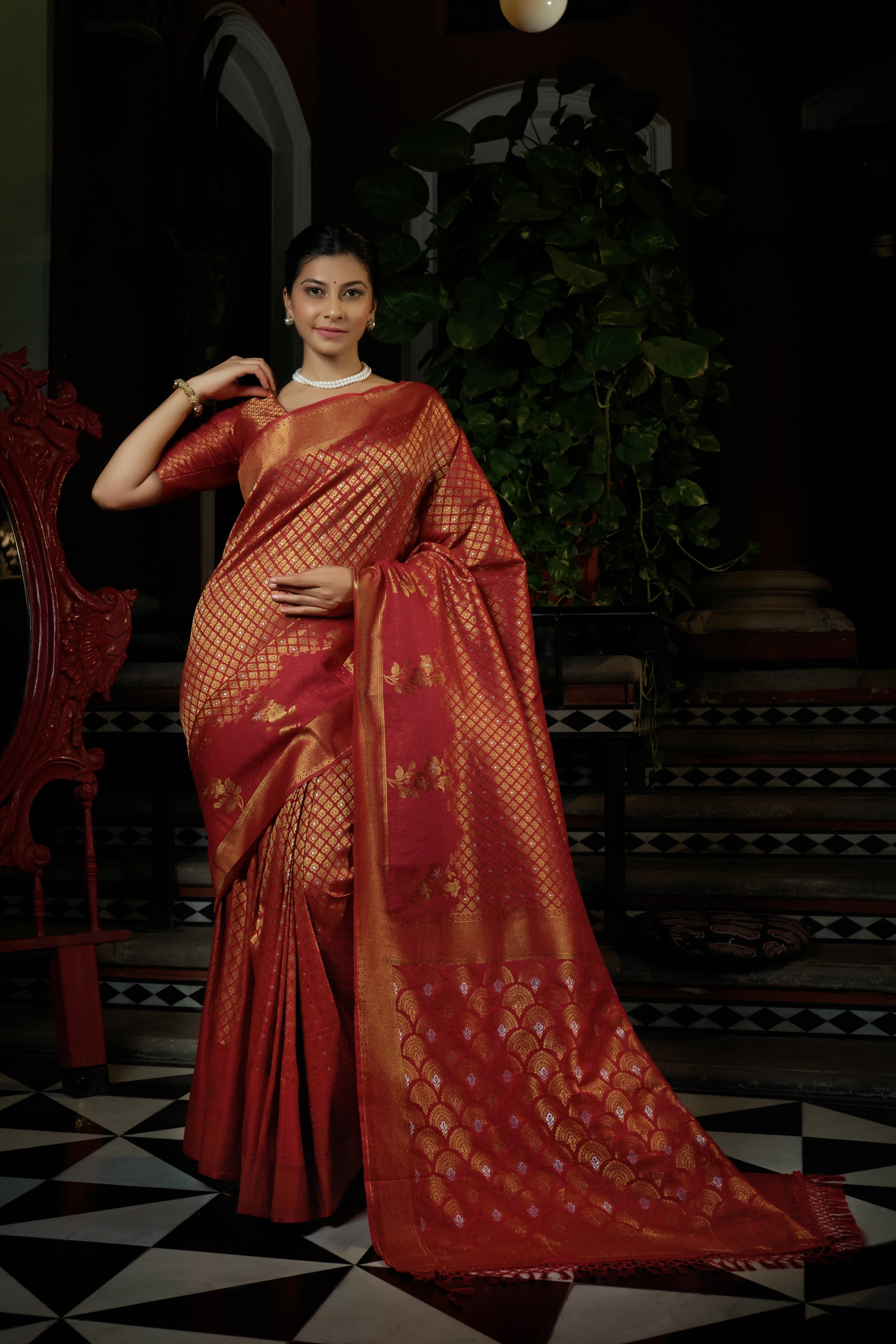 Vardha Candy Apple Red Copper-Silver Zari Kanjeevaram Silk Saree