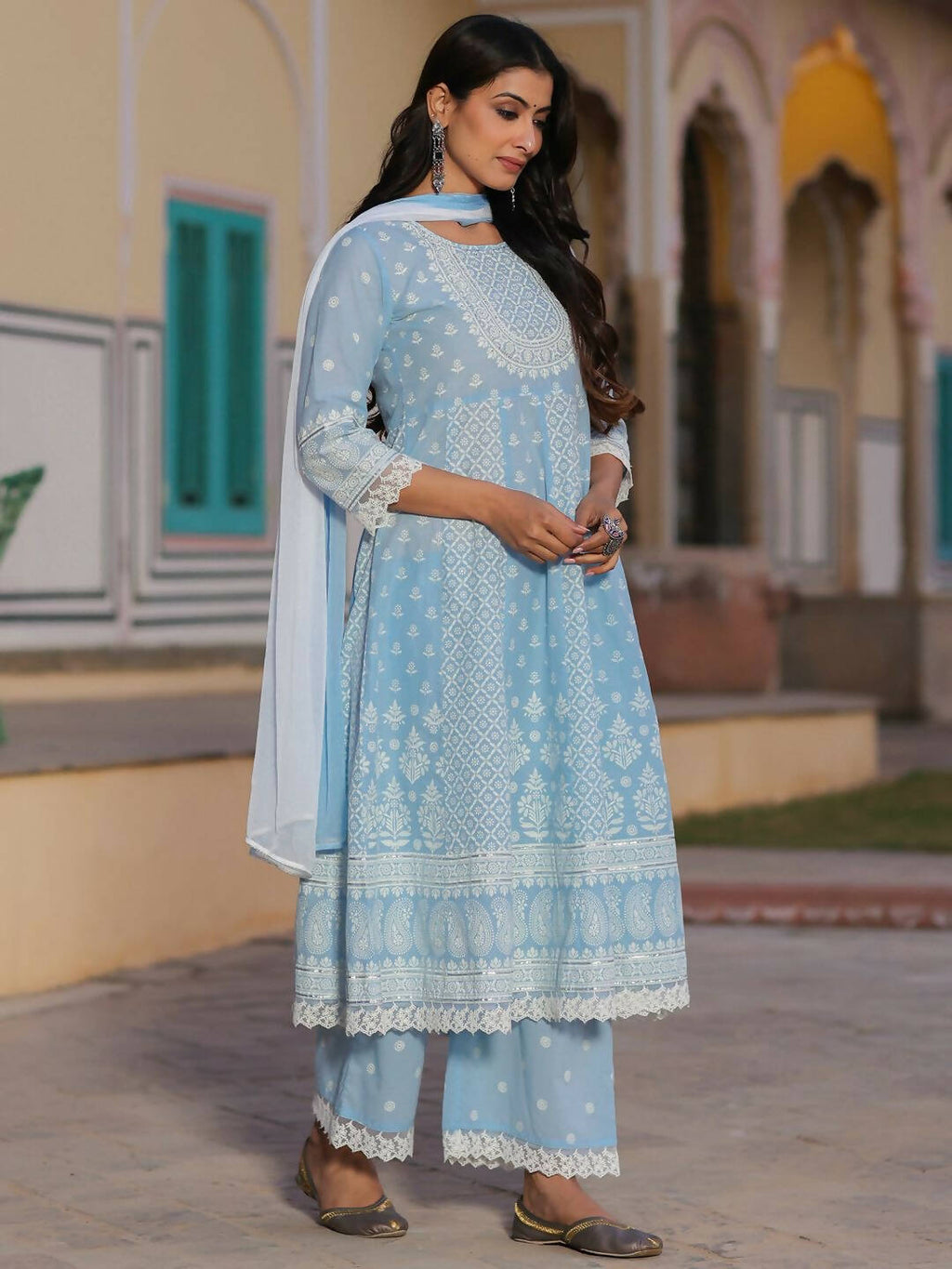 Juniper Women's Powerblue Cambric Floral Printed Anarkali Kurta Sets - Distacart