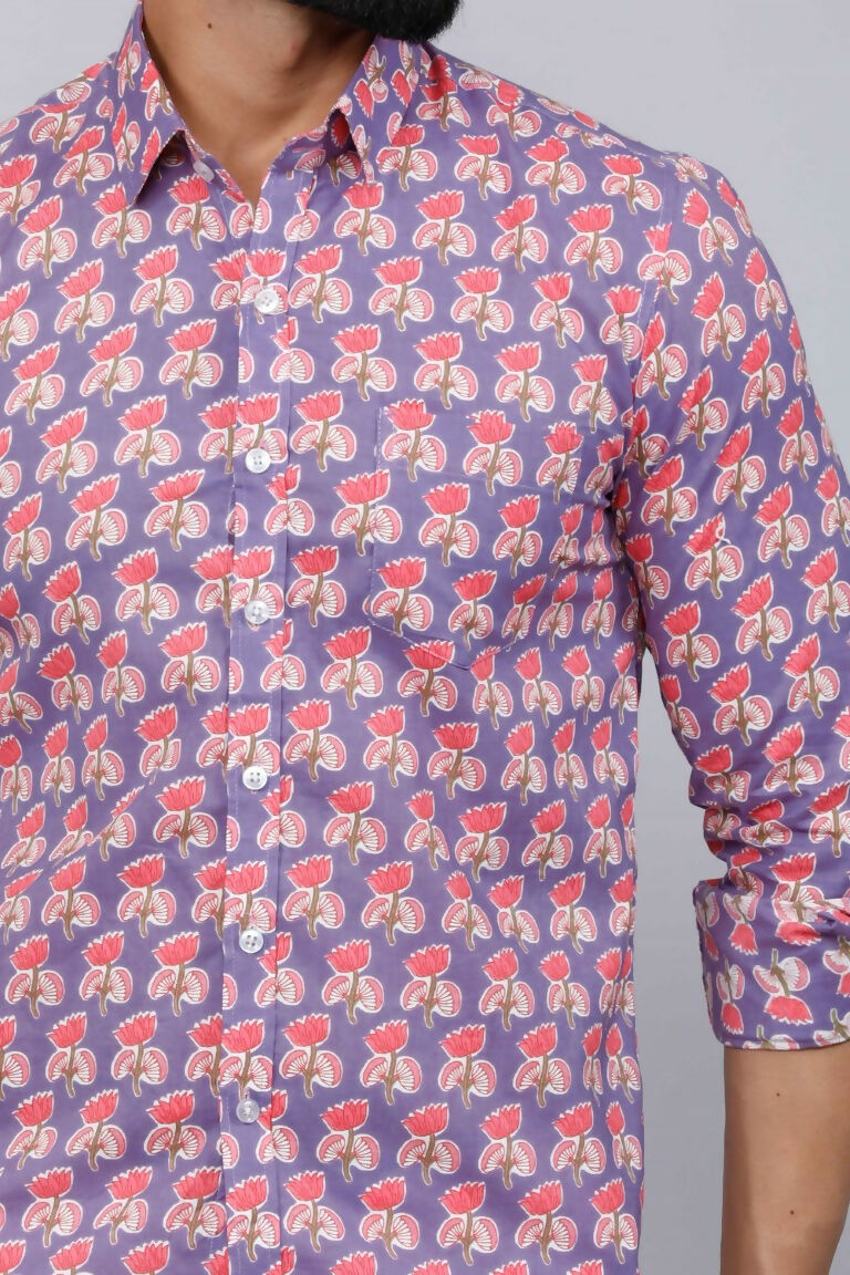 Miravan Men's Purple Floral Design Stylish Casual Cotton Shirt