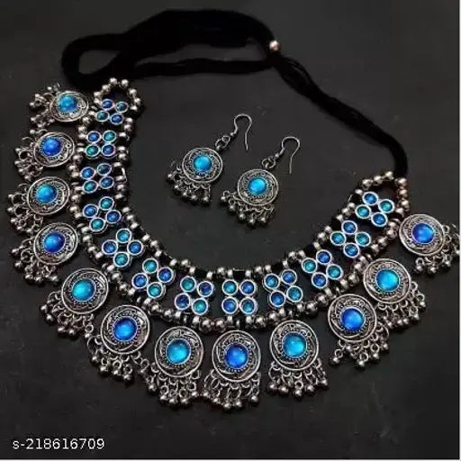 Tehzeeb Creations Women's Silver Colour Oxidised Necklace Set With Meenakari Work