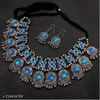 Tehzeeb Creations Women's Silver Colour Oxidised Necklace Set With Meenakari Work
