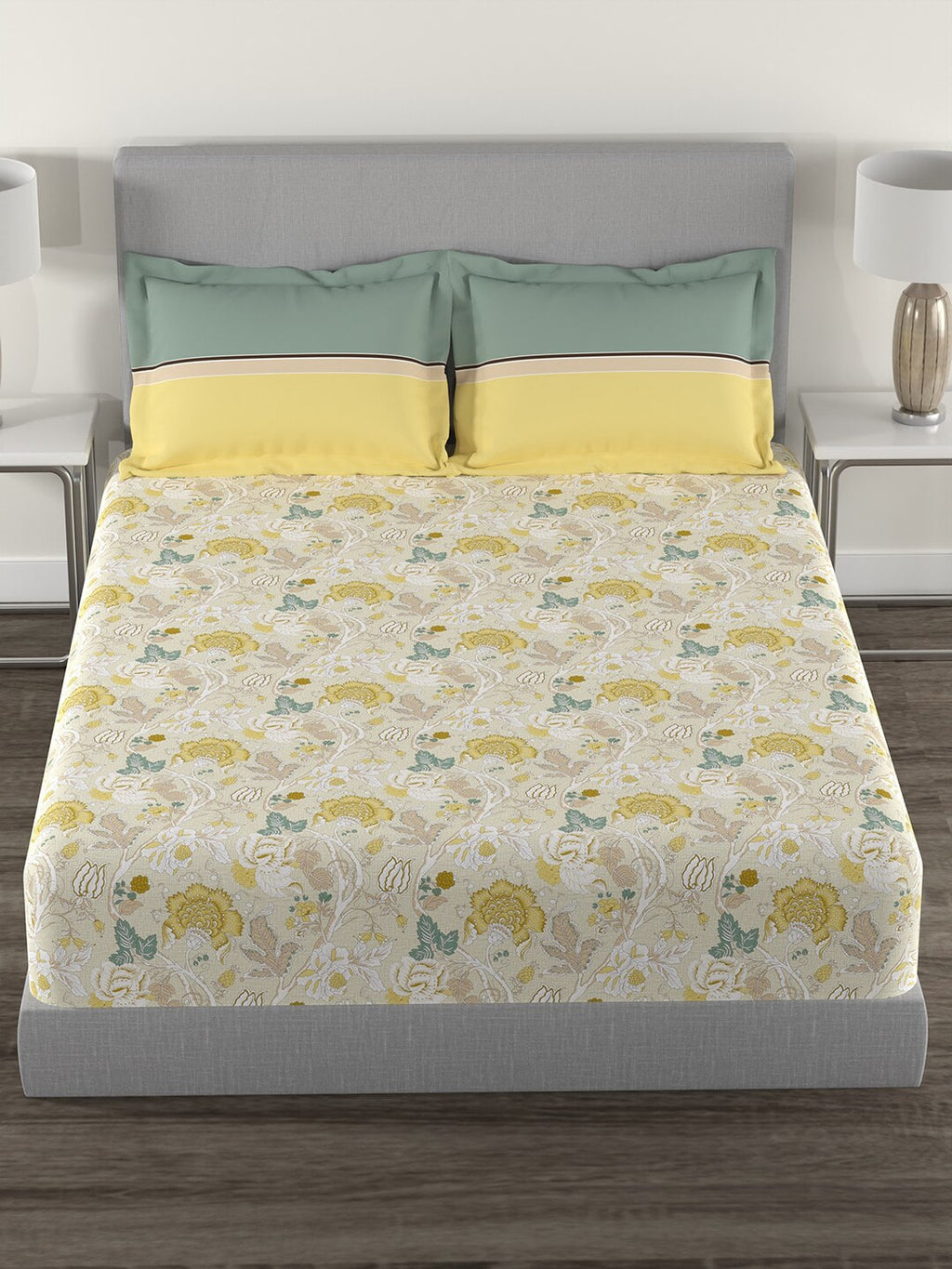 MYTRIDENT Yellow White Floral Cotton 144 TC Queen Bedsheet With 2 Pillow Covers