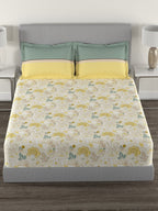 MYTRIDENT Yellow White Floral Cotton 144 TC Queen Bedsheet With 2 Pillow Covers