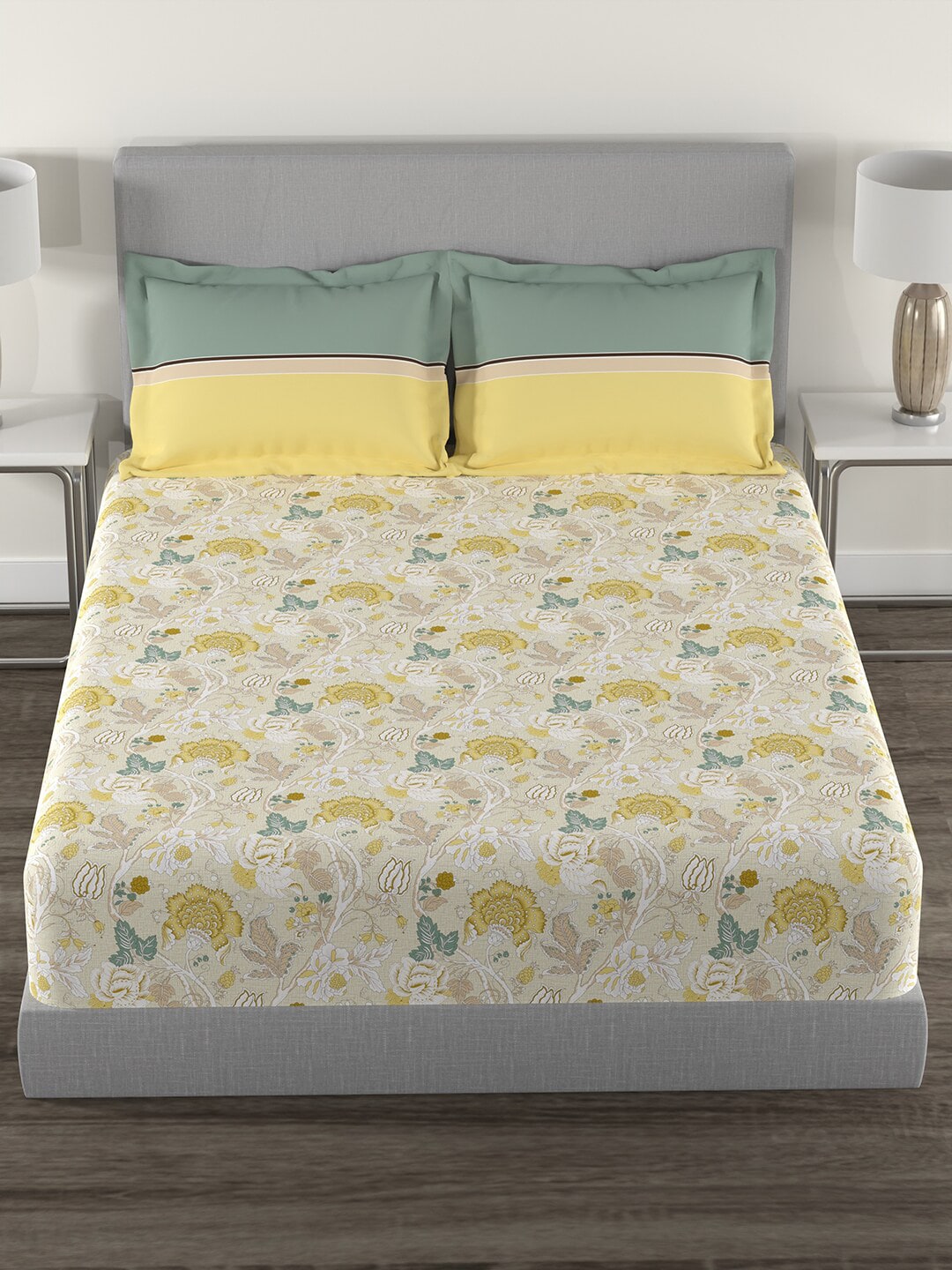 MYTRIDENT Yellow White Floral Cotton 144 TC Queen Bedsheet With 2 Pillow Covers
