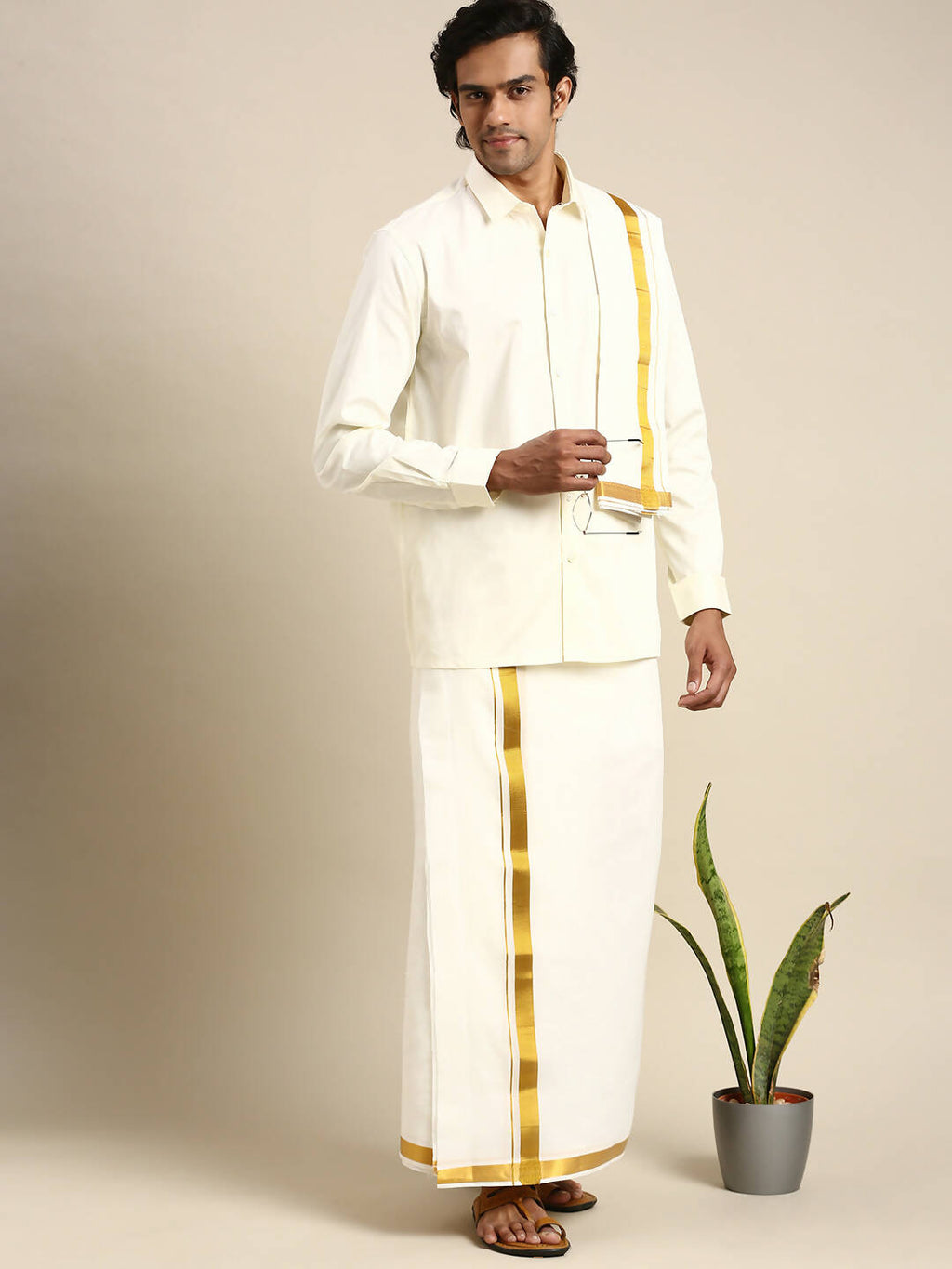 Ramraj Cotton Wedding Cream Zari Dhoti with shirt Bit & Towel Set Subamangalam 50k