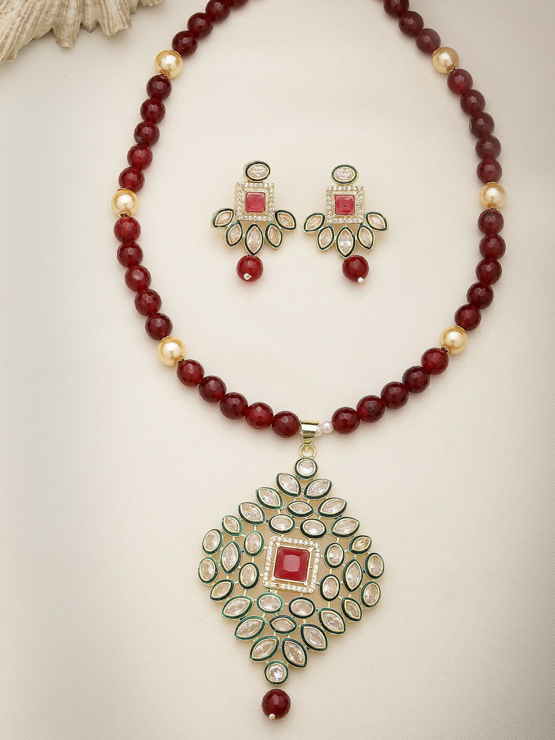 NVR Women's Red Kundan-Studded & Beaded Handcrafted Jewellery Set