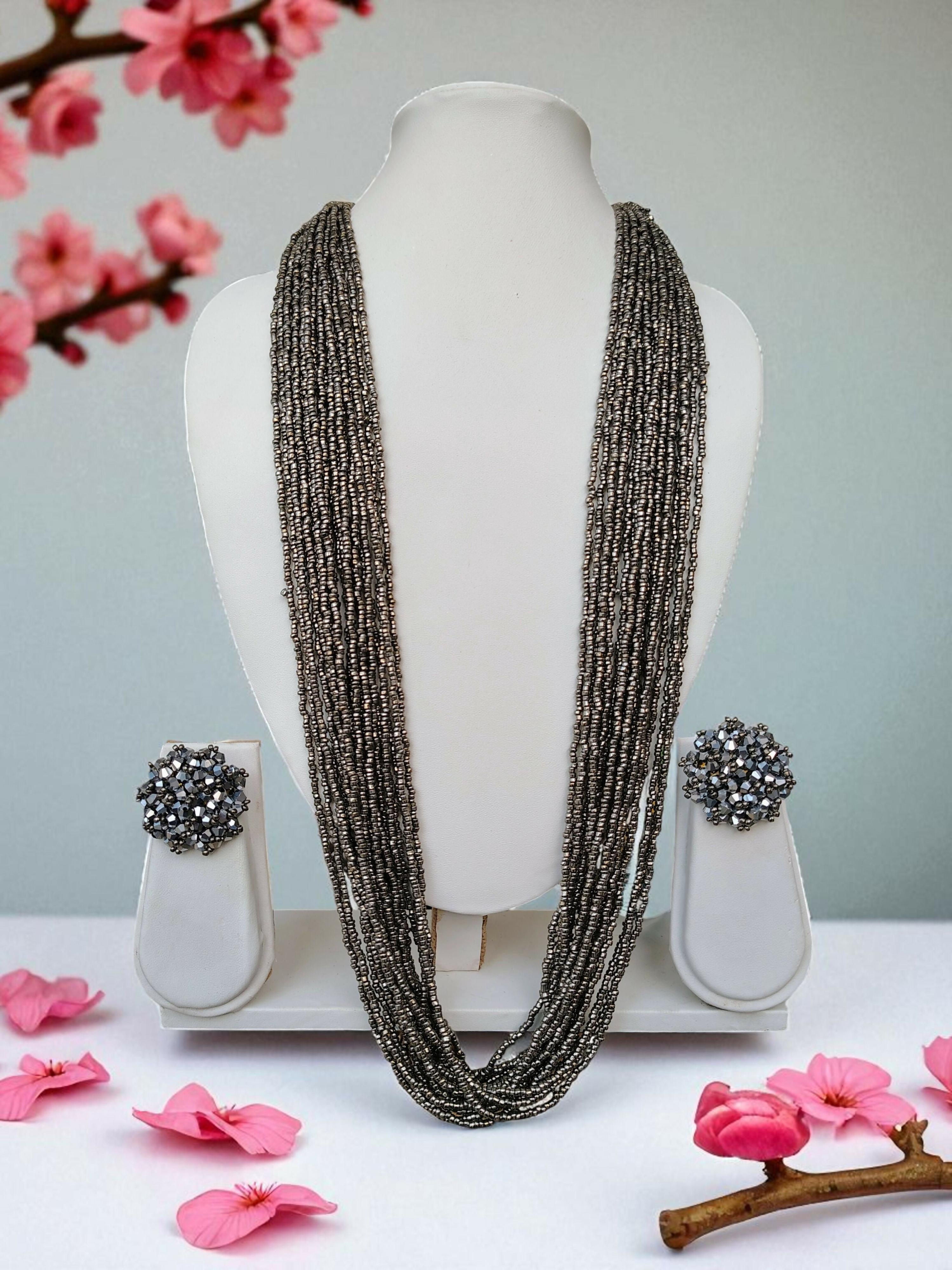 Inhanns Rangsaaz 20-Layer Luxe Long Beaded Necklace (With Optional Statement Earrings) - Silver With Earring
