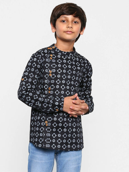 Manet Ethnic Full Sleeves Circle Printed Shirt - Black